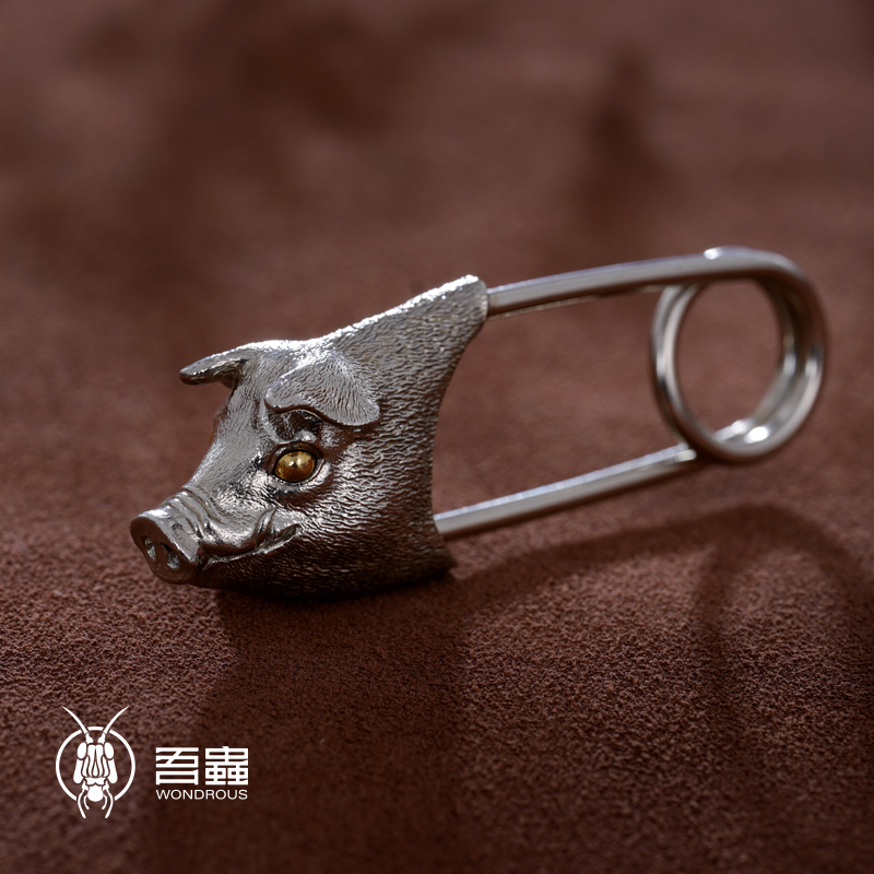 吾蟲猪头白铜镶嵌别针趣味