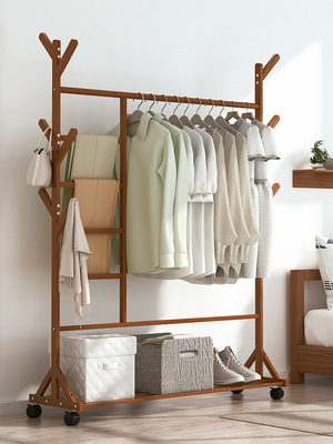 木质晾衣架落地可移动可折叠小型房间宿舍寝室衣服架子晾衣帽架子
