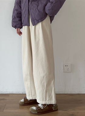 初吾家25冬新款日系磨毛直筒裤百搭宽松半松紧加厚加绒休闲裤女