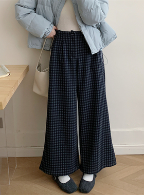 初吾家25冬新款加绒厚款格子裤女复古百搭宽松遮肉休闲阔腿直筒裤