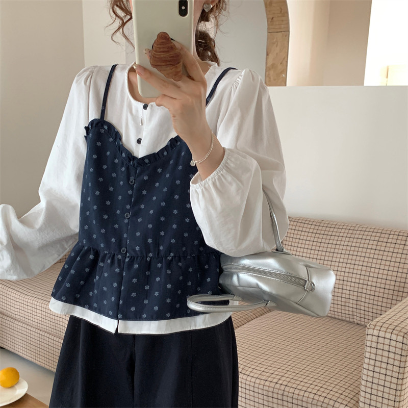 初吾家25早秋新款日系碎花吊带假两件上衣女小个子气质百搭长袖,女装/女士精品,衬衫,淘宝优惠券,粉丝福利购,淘宝优惠卷