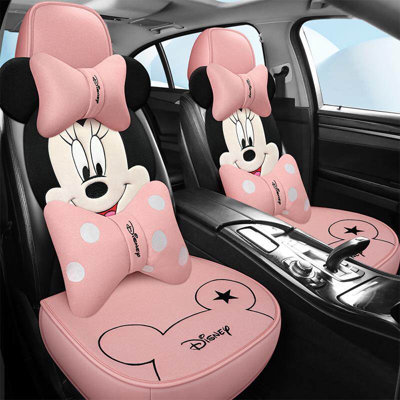 汽车坐垫四季通用半包卡通米奇米妮亚麻布艺透气座垫网红女神夏季