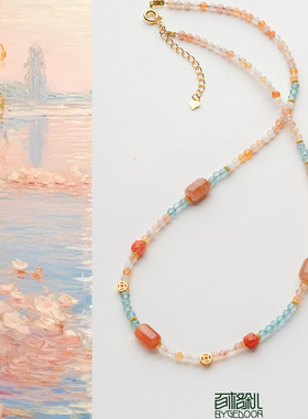 新中式国风天然粉金石浅磷灰项链