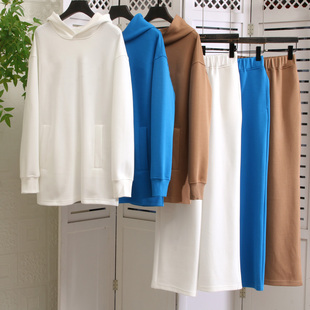 纯尾~客供面料！亲M~早秋女装连帽简单卫衣+松紧腰直筒裤休闲套装