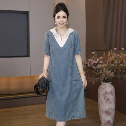 A5801夏季新款高贵连衣裙衣服装韩版宽松休闲大码拼接牛仔连衣裙
