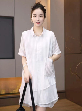 A868白月光黑珍珠夏季新款衬衫套装女短袖韩版宽松显瘦休闲套装