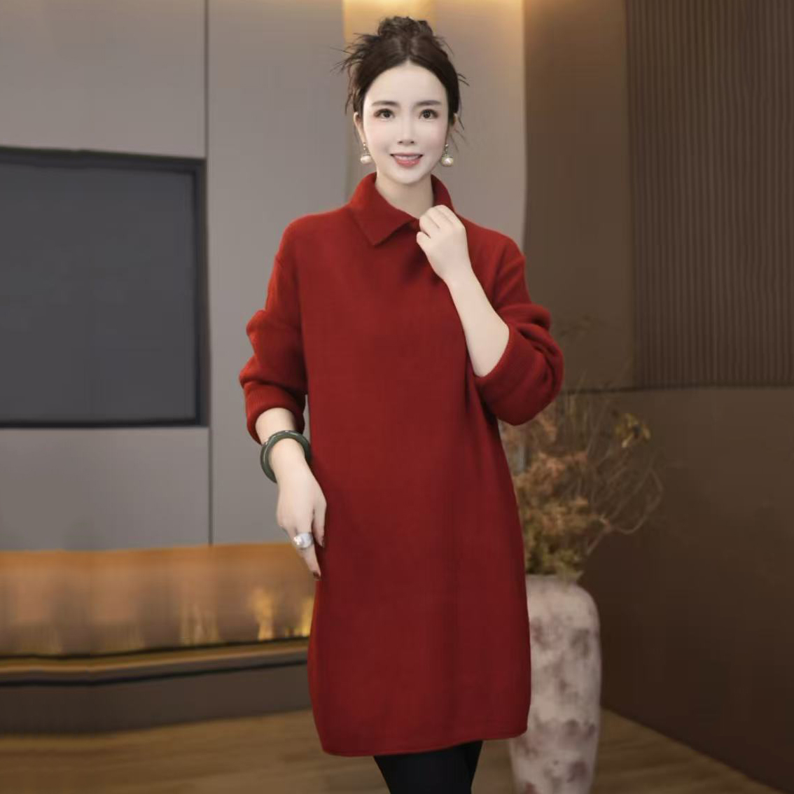 193120秋冬纯色衬衫领毛衣女秋冬加厚套头针织衫宽松显瘦上衣