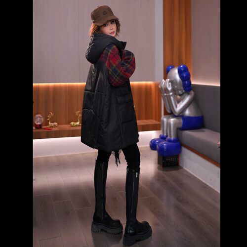 9565中年妈妈宽松格纹棉服女秋冬连帽中长款保暖遮肉日常百搭外套