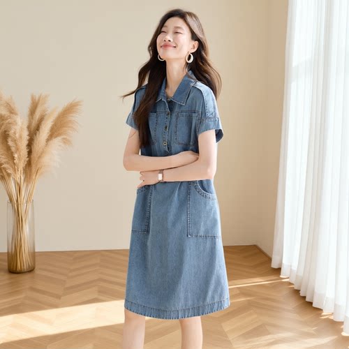 2570夏透气薄款宽松遮肚日常通勤连衣裙复古水洗浅蓝牛仔衬衫裙女