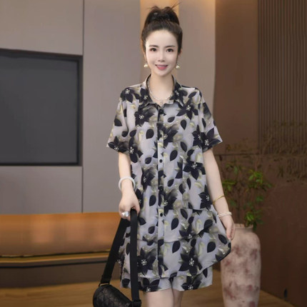 672【夜阑花语】夏季新款衬衫套装女短袖韩版宽松显瘦休闲套装