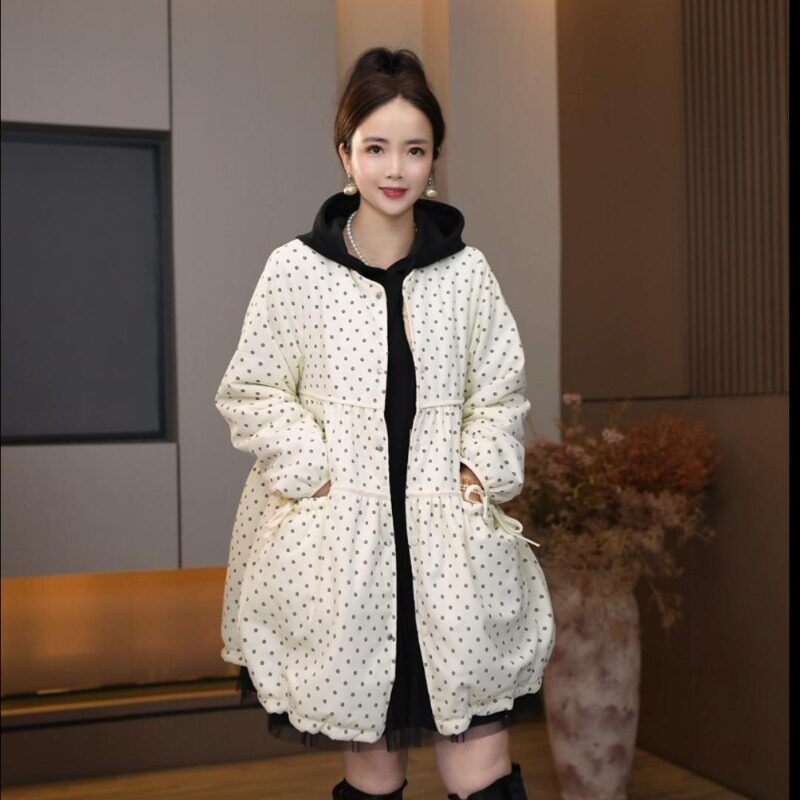 9536中年女士洋气波点棉服假两件中长款大码遮肉秋冬夹棉外套娃娃