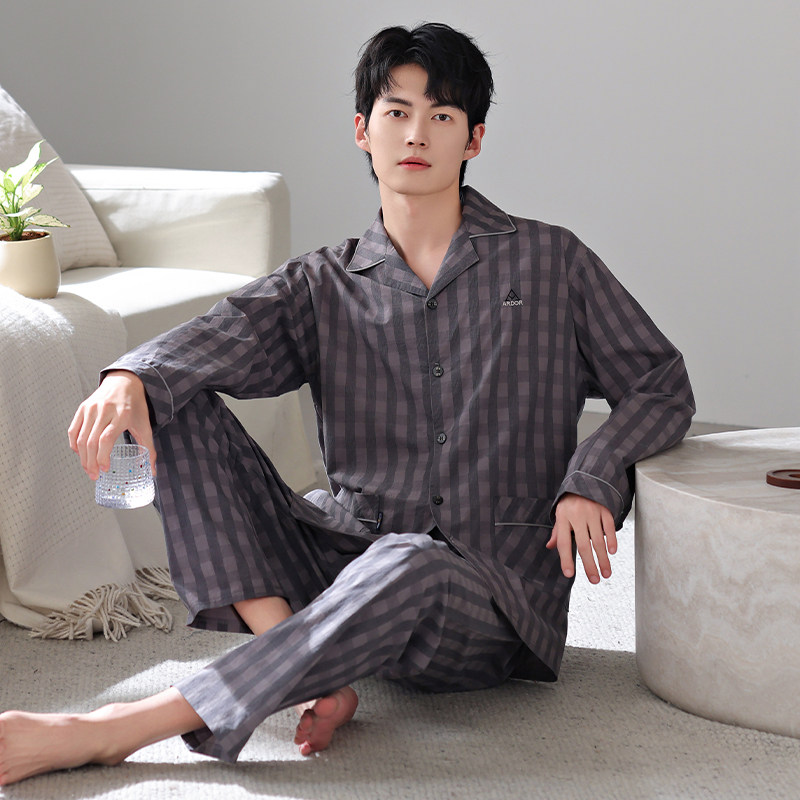 睡衣男春秋季纯棉长袖长裤可外穿休闲大码家居服套装莱卡棉纯棉