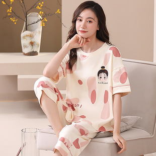 日本MUJIΕ睡衣女士夏季纯棉薄款短袖七分裤大码夏天女款全棉甜美