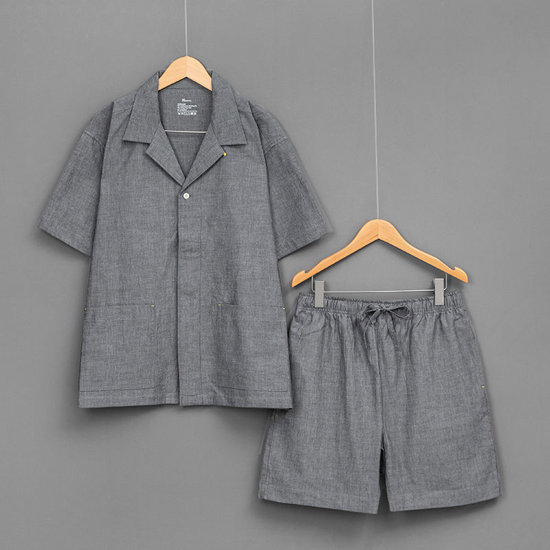 日本MUJIΕ日式短袖短裤无侧缝睡衣女纯棉家居服套装男夏