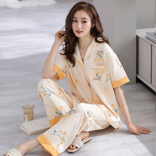 日本MUJIΕ睡衣女士夏季莫代尔棉绸短袖长裤女款夏天薄款开衫夏款