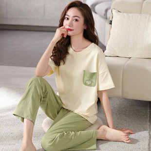 日本MUJIΕ睡衣女款夏季纯棉短袖长裤女士全棉薄款夏天大码夏款可