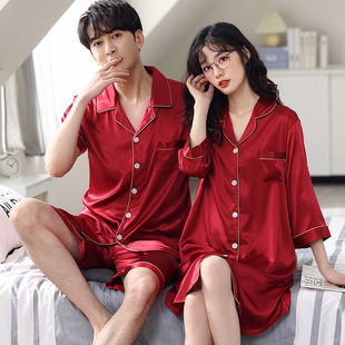 日本MUJIΕ情侣结婚睡衣冰丝夏季新婚短袖红色本命年家居服女士睡