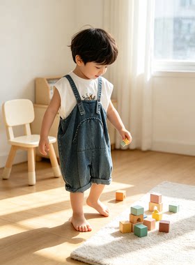 儿童韩版背带裤两件套 小男孩洋气印花无袖背心牛仔背带裤夏装