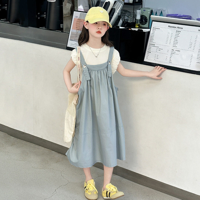女童连衣裙夏季2026新款儿童韩系夏装中大童短袖背带裙子两件套潮