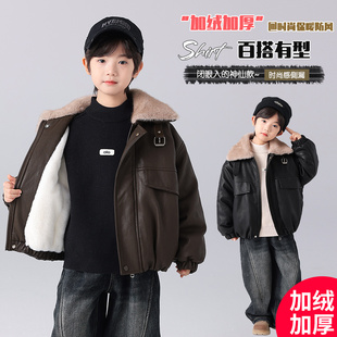 加绒加厚棉服中大儿童男孩帅气夹克 冬季 男童冬装 皮衣外套2025新款