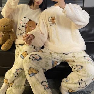 一二布布睡衣女款冬季加绒加厚珊瑚绒长毛绒情侣家居服套装男冬天