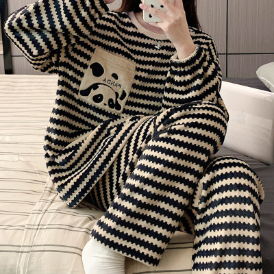 秋冬季加绒加厚睡衣女款条纹熊猫