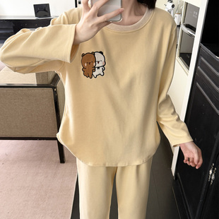 一二布布睡衣女款带胸垫春秋季德绒长袖长裤秋冬季磨毛家居服套装