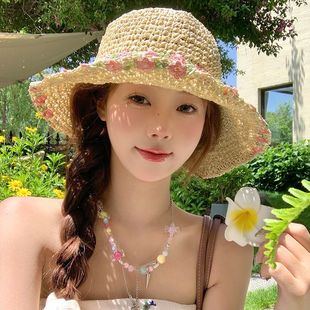 海邊沙灘防曬帽度假遮陽帽大帽檐草編帽子顯臉小 花朵草帽女夏季