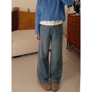 大妍小个子冬季简约百搭加厚加绒三本针窄版阔腿直筒牛仔裤9232