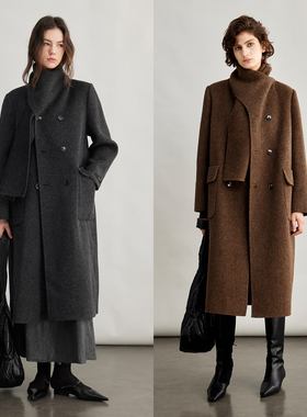 3ONE耗牛绒绵羊毛长款围巾领毛呢外套女2025冬季新款双面毛呢大衣