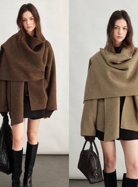 3ONE加厚高克重保暖牦牛绒羊毛双面毛呢型感围巾披肩中长大衣外套