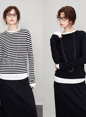 3ONE简约修身羊毛桑蚕丝莱赛尔圆领拼接假两件修身毛衣打底针织衫