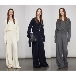 3ONE 100绵羊毛显瘦V领假两件长袖针织上衣/松紧腰针织休闲裤套装
