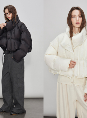 3ONE 云朵泡芙90白鸭绒立领廓形加厚保暖面包服短款羽绒服女