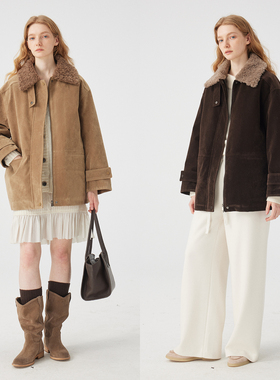 3ONE复古风卷毛领中长款工装夹克羽绒服90白鸭绒冬季保暖翻领外套