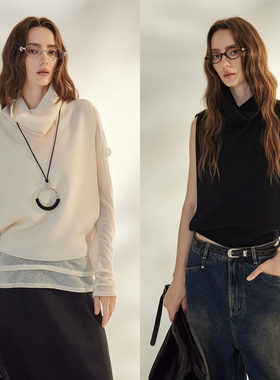 3ONE极简ROW风羊毛小众设计师款堆堆领松弛感无袖针织毛衣背心女