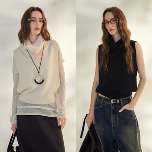 3ONE极简ROW风羊毛小众设计师款 针织毛衣背心女 堆堆领松弛感无袖