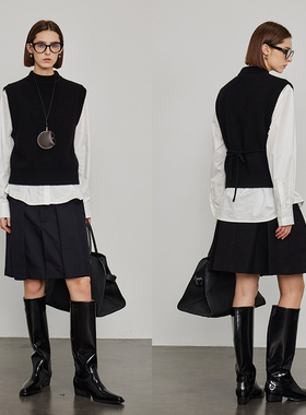 3ONE 黑色极简内搭叠穿半高领100羊毛显瘦百搭无袖针织毛线马甲