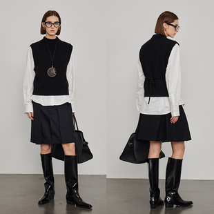 3ONE 黑色极简内搭叠穿半高领100羊毛显瘦百搭无袖针织毛线马甲