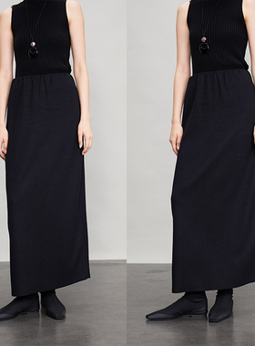 3ONE简约ROW风羊毛高腰超长款长裙 后开叉直筒显瘦纸片人半身裙