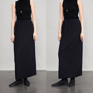 3ONE简约ROW风羊毛高腰超长款 后开叉直筒显瘦纸片人半身裙 长裙