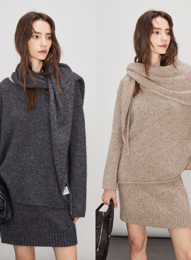 3ONE暖糯慵懒亮闪闪浣熊羊毛圆领套头毛衣/显瘦短半裙/三角巾套装