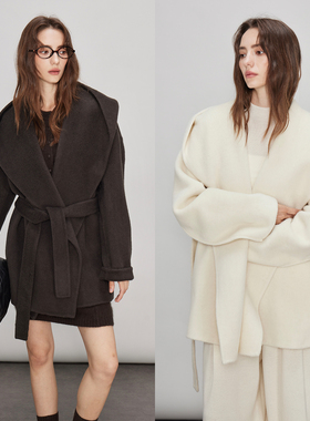 3ONE羊毛双面呢大衣女冬季小个子耗牛绒羊毛短款系带连帽毛呢外套