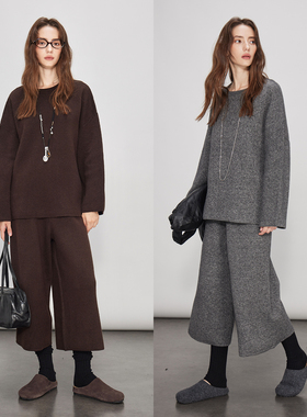 3ONE简约高级感双面高密针织圆领套头100毛衣/九分针织羊毛裤套装