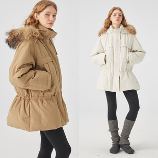 3ONE可脱卸毛领连帽抽绳宽松拉链派克风衣式 90白鹅绒女中长羽绒服