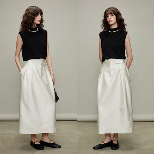 3ONE高端奢华精纺羊毛Row风高腰法式 抽褶花苞半身裙女 茧型裙