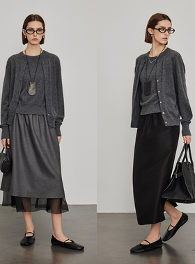 3ONE M1U风肌肤之享_10进口羊绒 经典背心开衫套装+黑灰色毛衣女