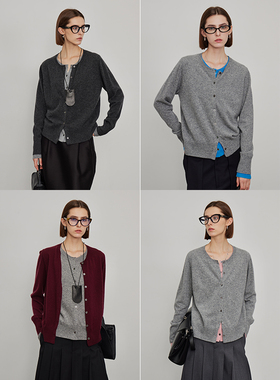 3ONE极简拼接miu系撞色假两件10羊绒90羊毛百搭开衫毛衣上衣外套