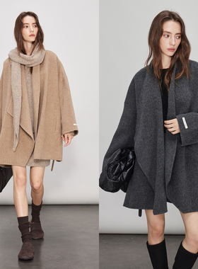 3ONE慵懒松弛感10%羊驼毛90%澳毛不规则系带小个子双面羊毛呢大衣