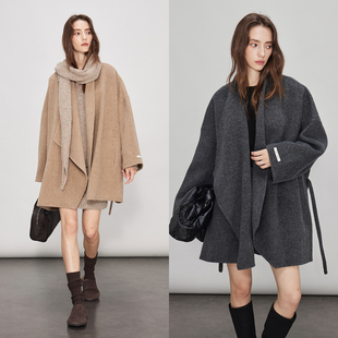 3ONE慵懒松弛感10%羊驼毛90%澳毛不规则系带小个子双面羊毛呢大衣